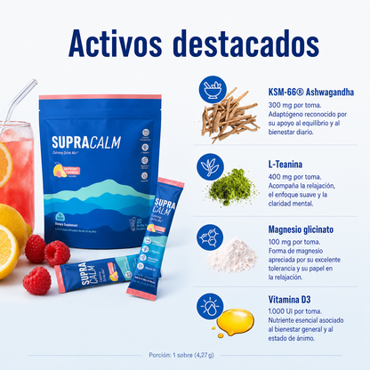Supracalm Mezcla Relajante en Polvo con KSM-66® Ashwagandha, L-Teanina, Magnesio Glicinato y Vitamina D3 – Sabor Frambuesa y Limón