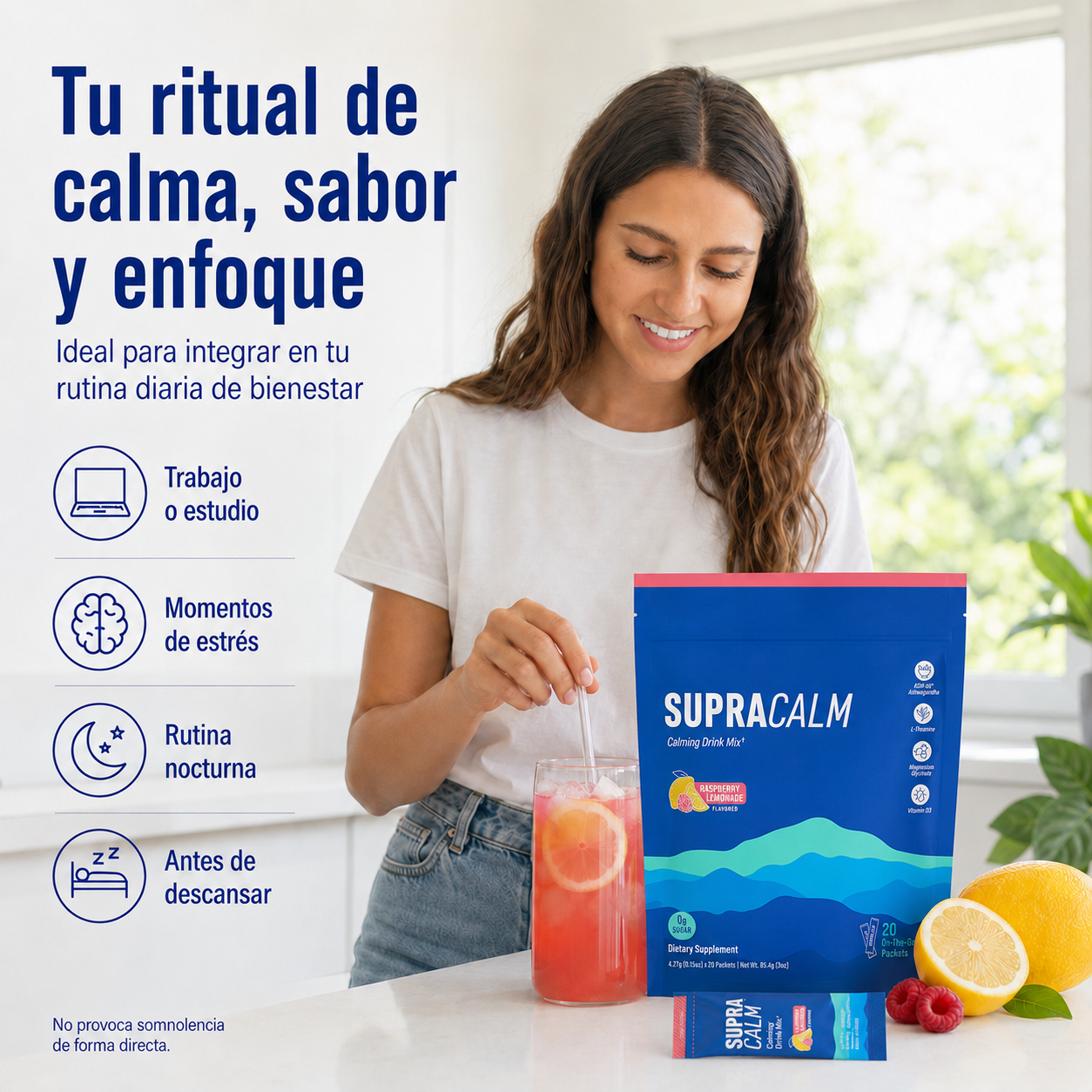 Supracalm Mezcla Relajante en Polvo con KSM-66® Ashwagandha, L-Teanina, Magnesio Glicinato y Vitamina D3 – Sabor Frambuesa y Limón