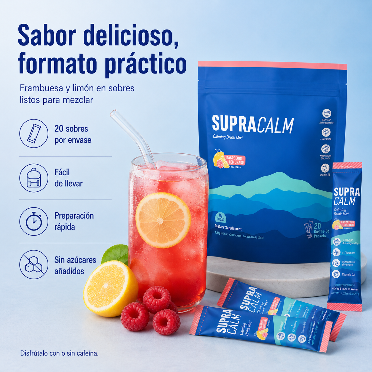Supracalm Mezcla Relajante en Polvo con KSM-66® Ashwagandha, L-Teanina, Magnesio Glicinato y Vitamina D3 – Sabor Frambuesa y Limón
