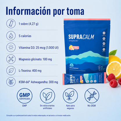 Supracalm Mezcla Relajante en Polvo con KSM-66® Ashwagandha, L-Teanina, Magnesio Glicinato y Vitamina D3 – Sabor Frambuesa y Limón