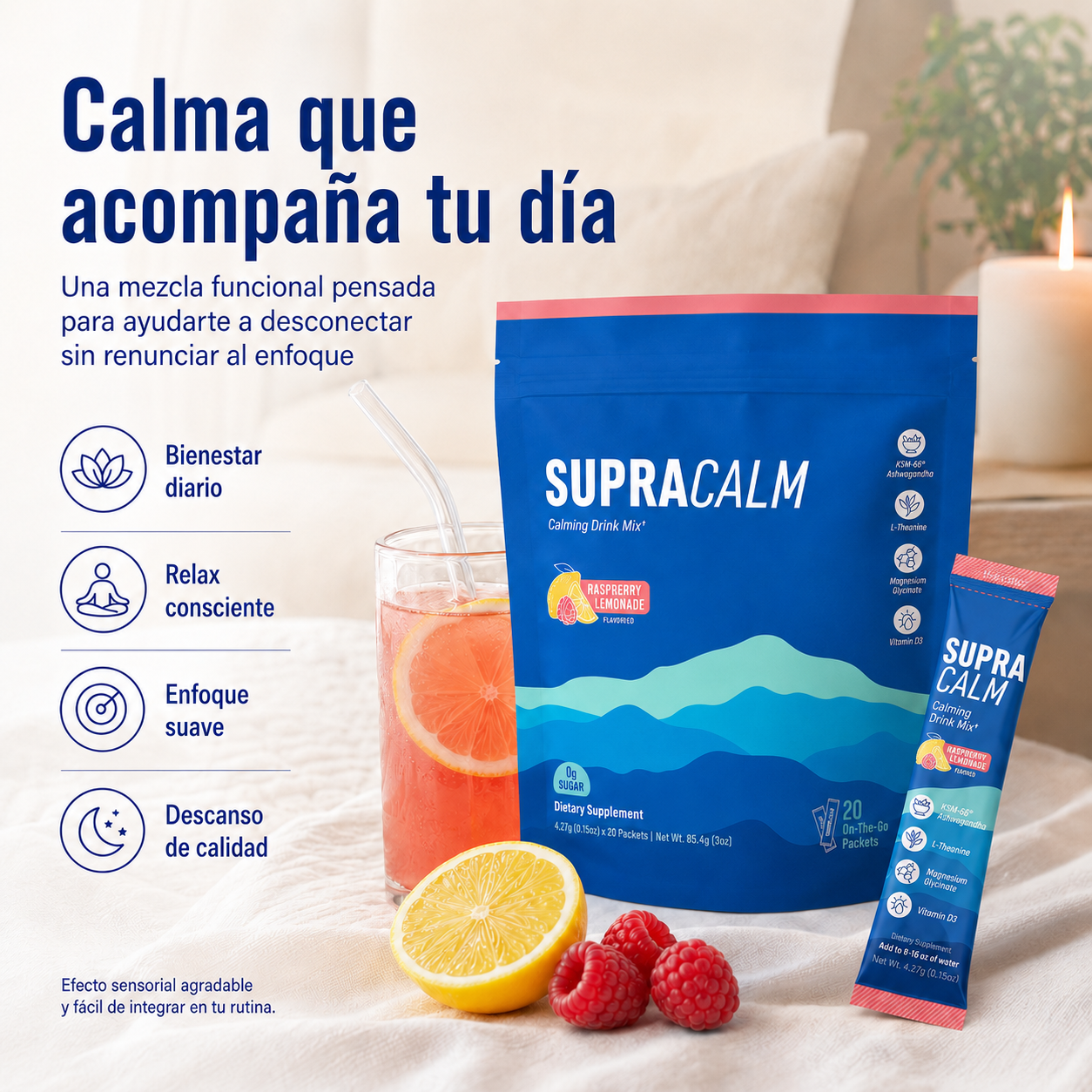 Supracalm Mezcla Relajante en Polvo con KSM-66® Ashwagandha, L-Teanina, Magnesio Glicinato y Vitamina D3 – Sabor Frambuesa y Limón
