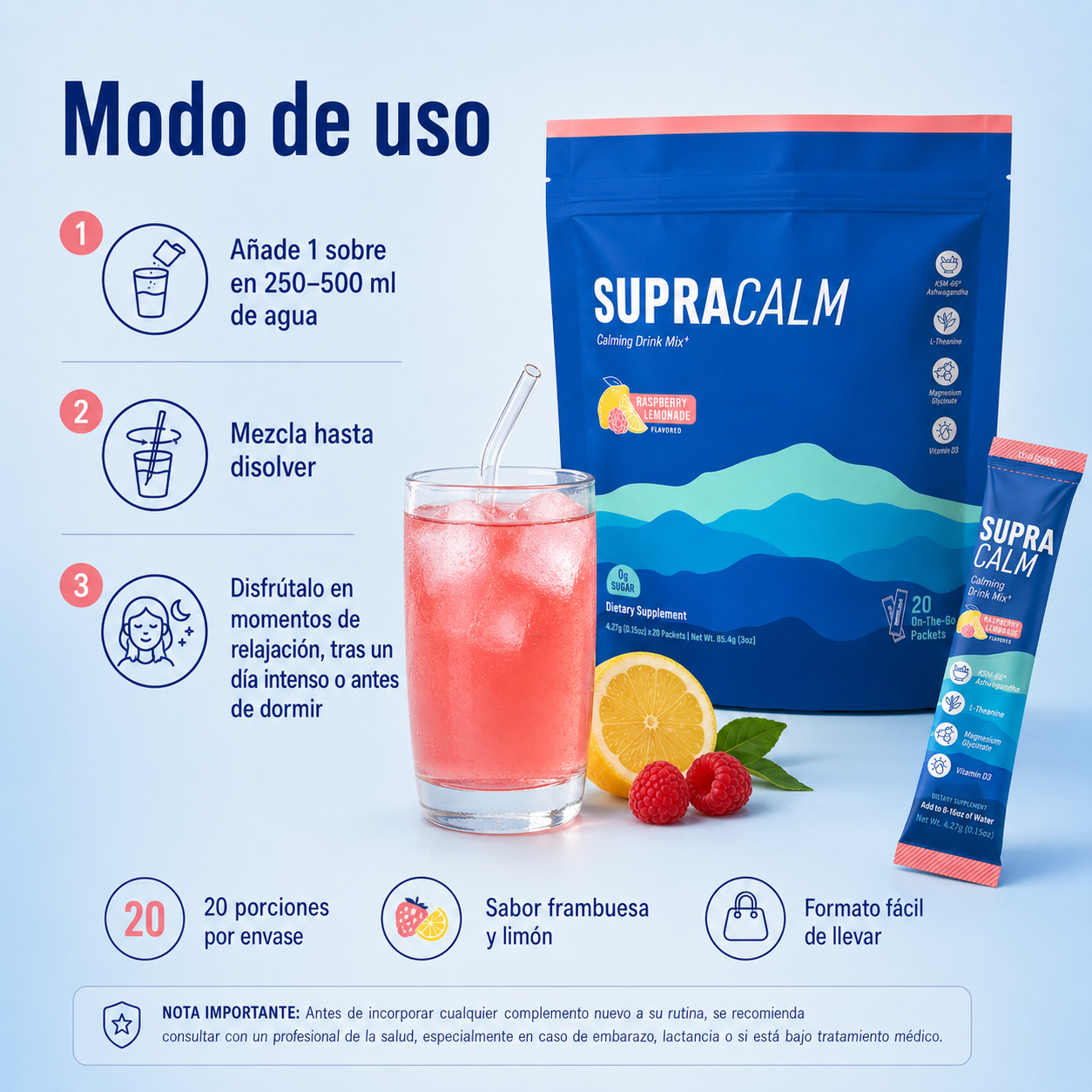 Supracalm Mezcla Relajante en Polvo con KSM-66® Ashwagandha, L-Teanina, Magnesio Glicinato y Vitamina D3 – Sabor Frambuesa y Limón