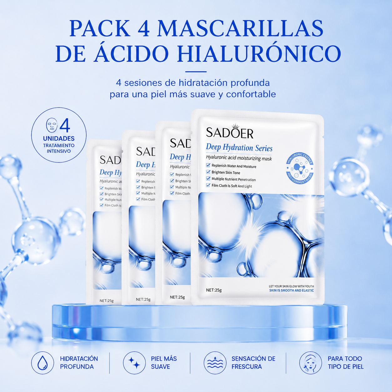 Pack 4 Mascarillas de Ácido Hialurónico | Tratamiento Intensivo de Hidratación Profunda