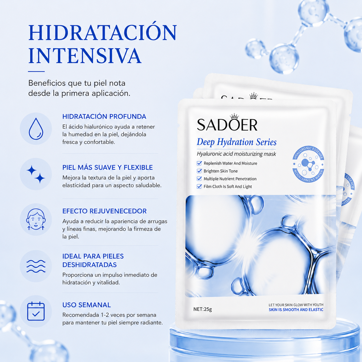 Pack 4 Mascarillas de Ácido Hialurónico | Tratamiento Intensivo de Hidratación Profunda