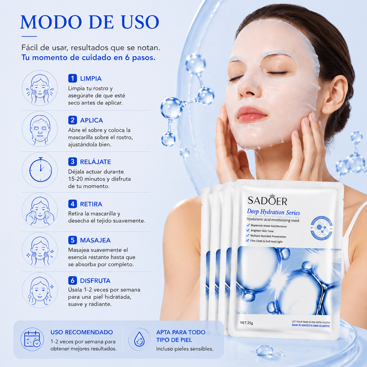 Pack 4 Mascarillas de Ácido Hialurónico | Tratamiento Intensivo de Hidratación Profunda