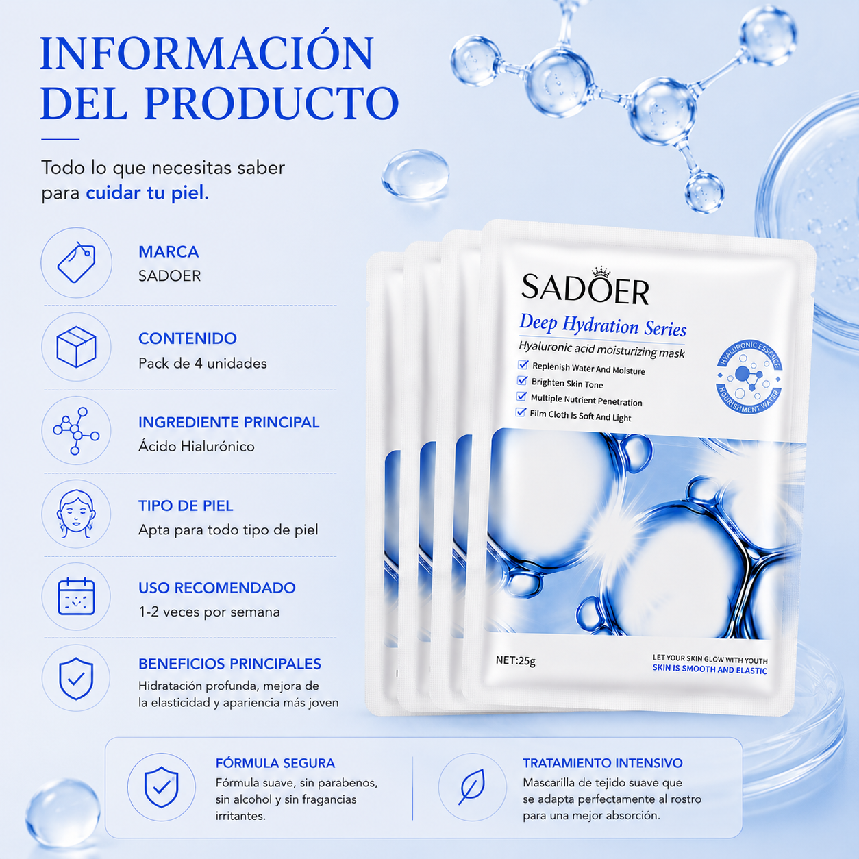 Pack 4 Mascarillas de Ácido Hialurónico | Tratamiento Intensivo de Hidratación Profunda