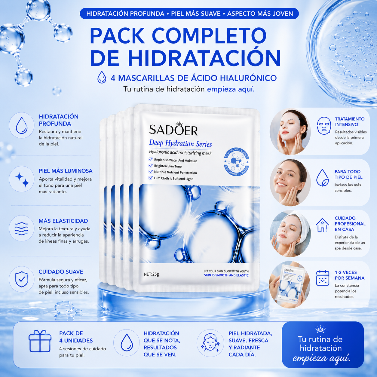 Pack 4 Mascarillas de Ácido Hialurónico | Tratamiento Intensivo de Hidratación Profunda